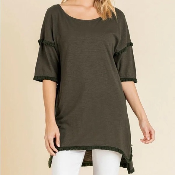Umgee Green Lagenlook Drop Sleeve Tunic Top Fringe Trim Detail Size Large - Picture 7 of 7
